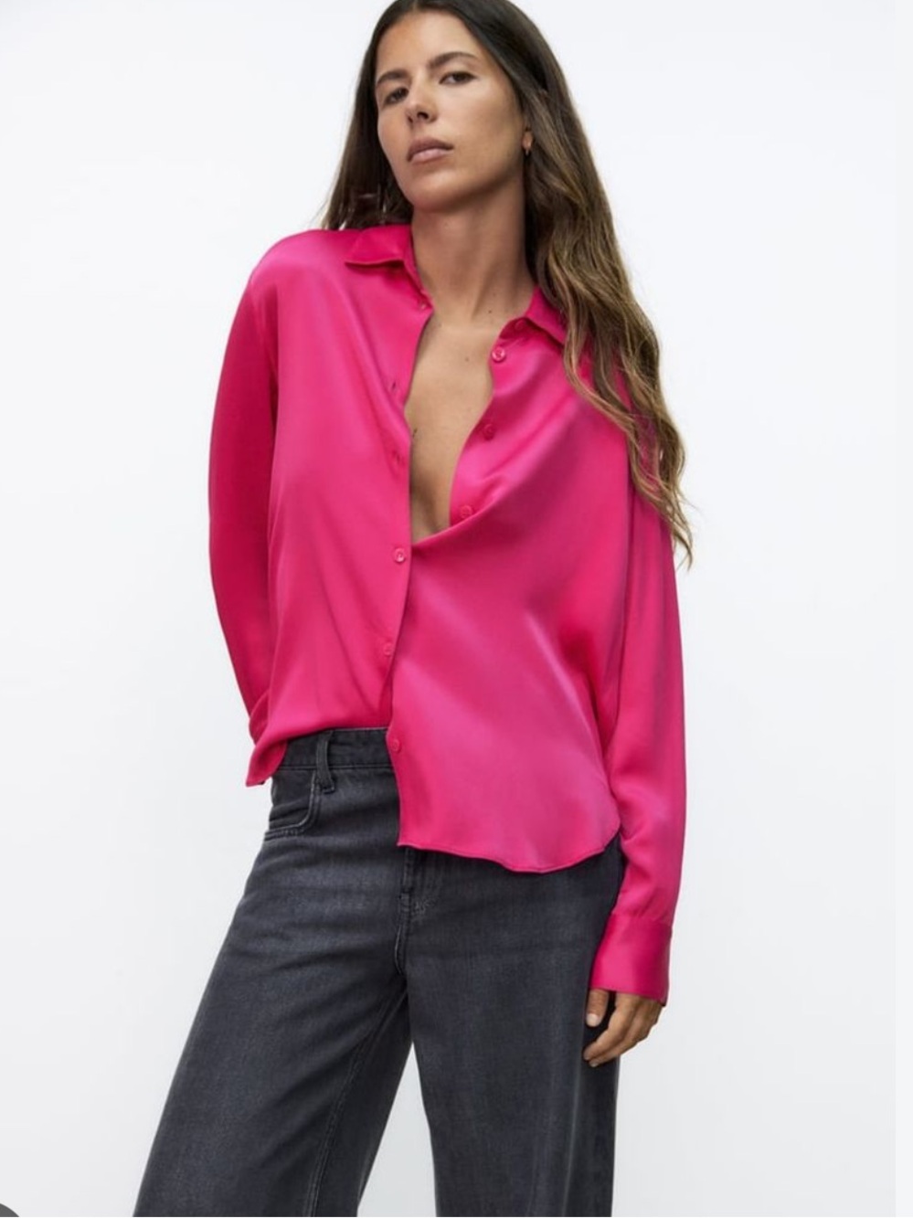 Zara Fuchsia Satin Button-Down Blouse